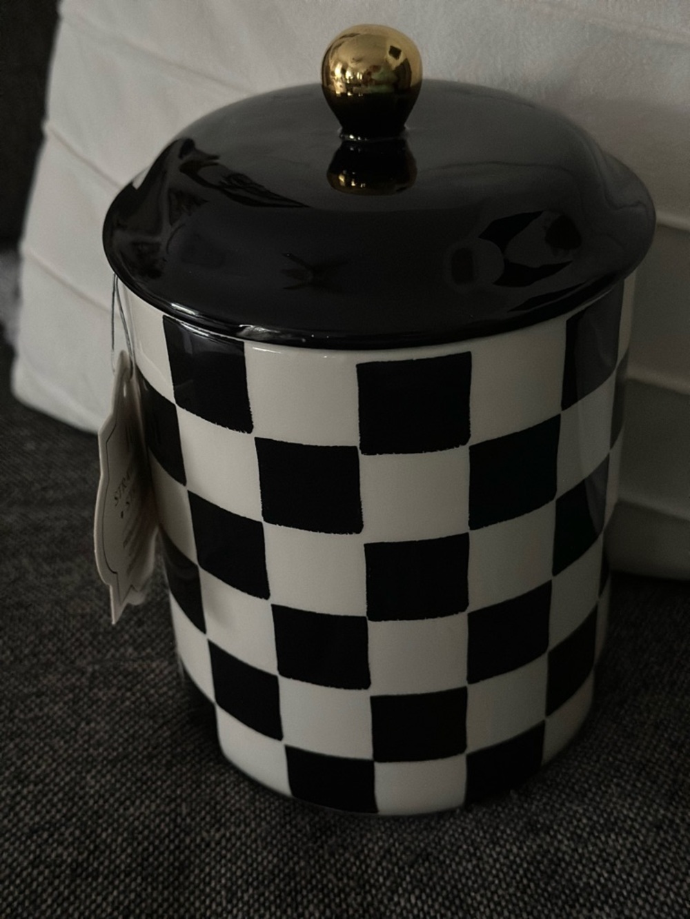 Black and White Checkered Ceramic Canister Jar Courtly Check Gold Knob New - Picture 2 of 7